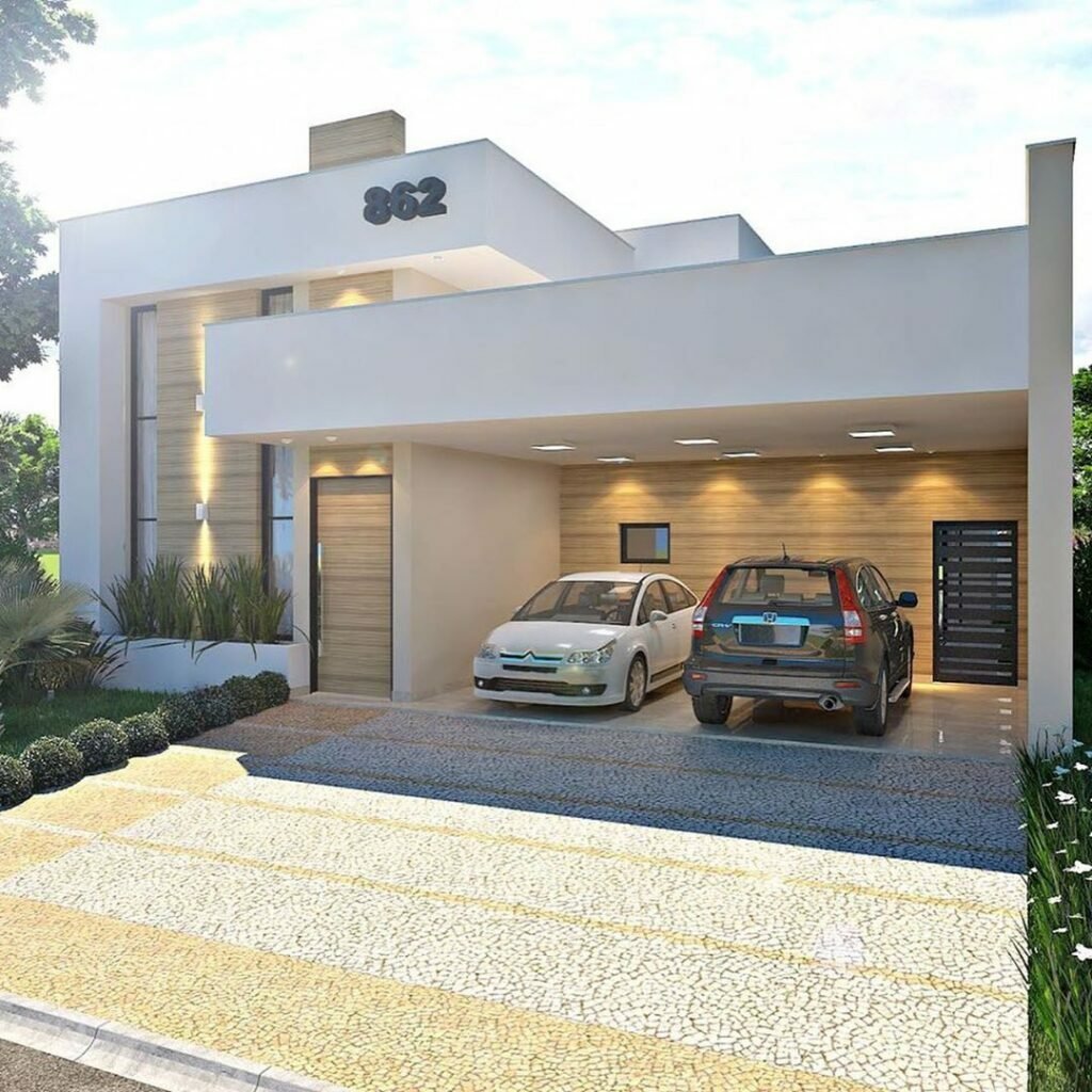 Fachada de planta de casa de 3 quartos térrea pé direito duplo
